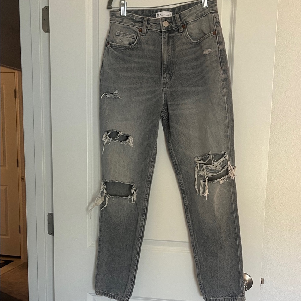 Zara High-Rise Distressed Gray Denim Women's Jeans Sz 4